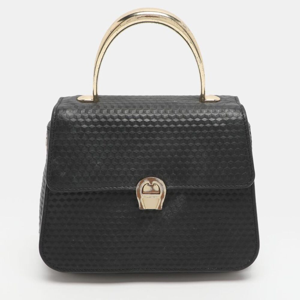 Aigner Genoveva Small Black Textured Leather Top Handle Bag